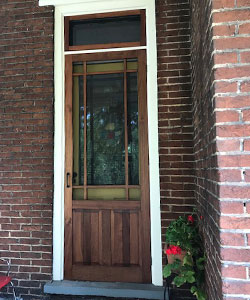 Model 3670-H Craftsman Mission Bungalow Arts and Crafts Wood Mahogany Screen Door with a Window Screen Transom Above.